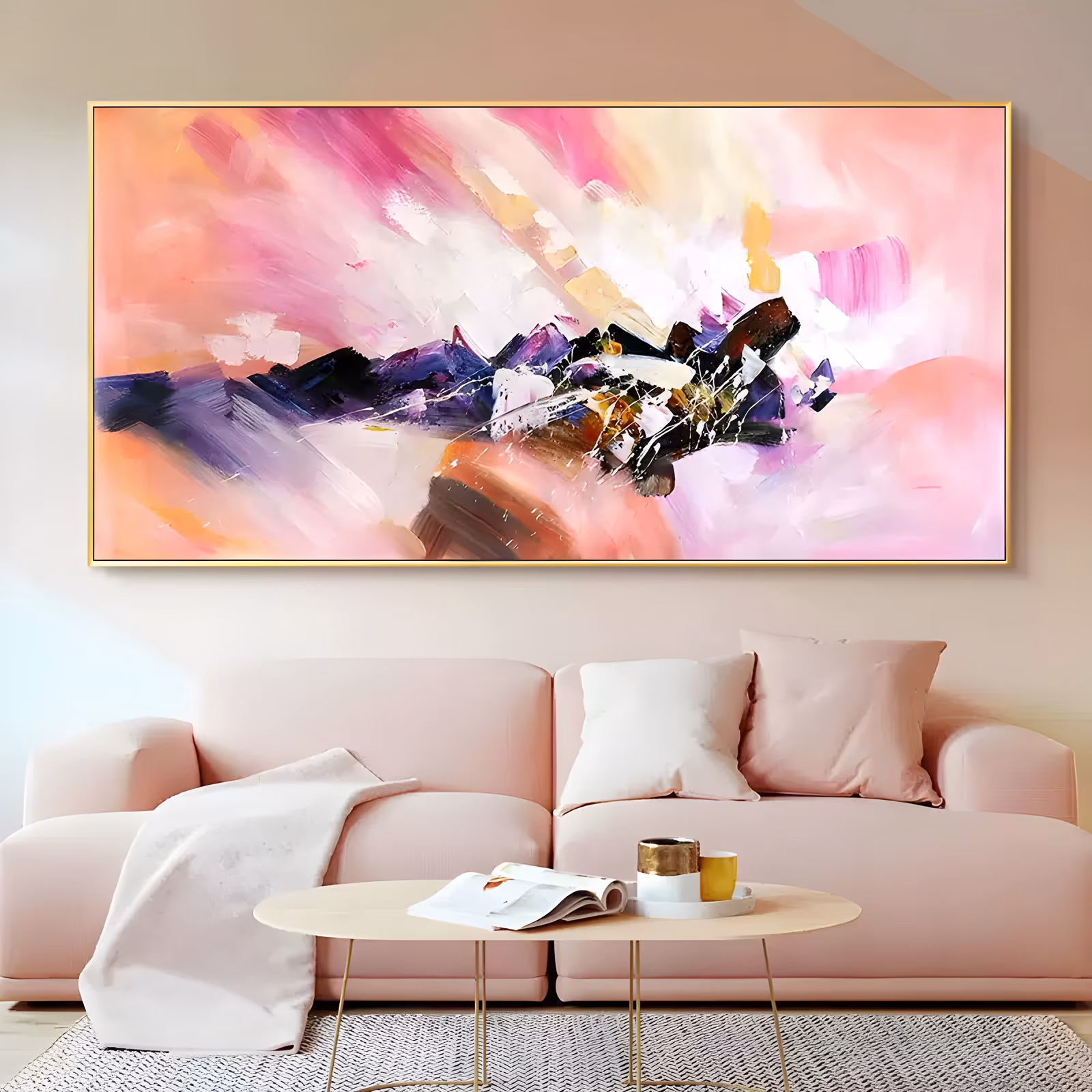 an oversized horizontal abstract painting of a pale pink and peach cloud, with a jagged cluster of dark purple, black and gold shapes breaking through the center and white paint flicked over it in thick oil