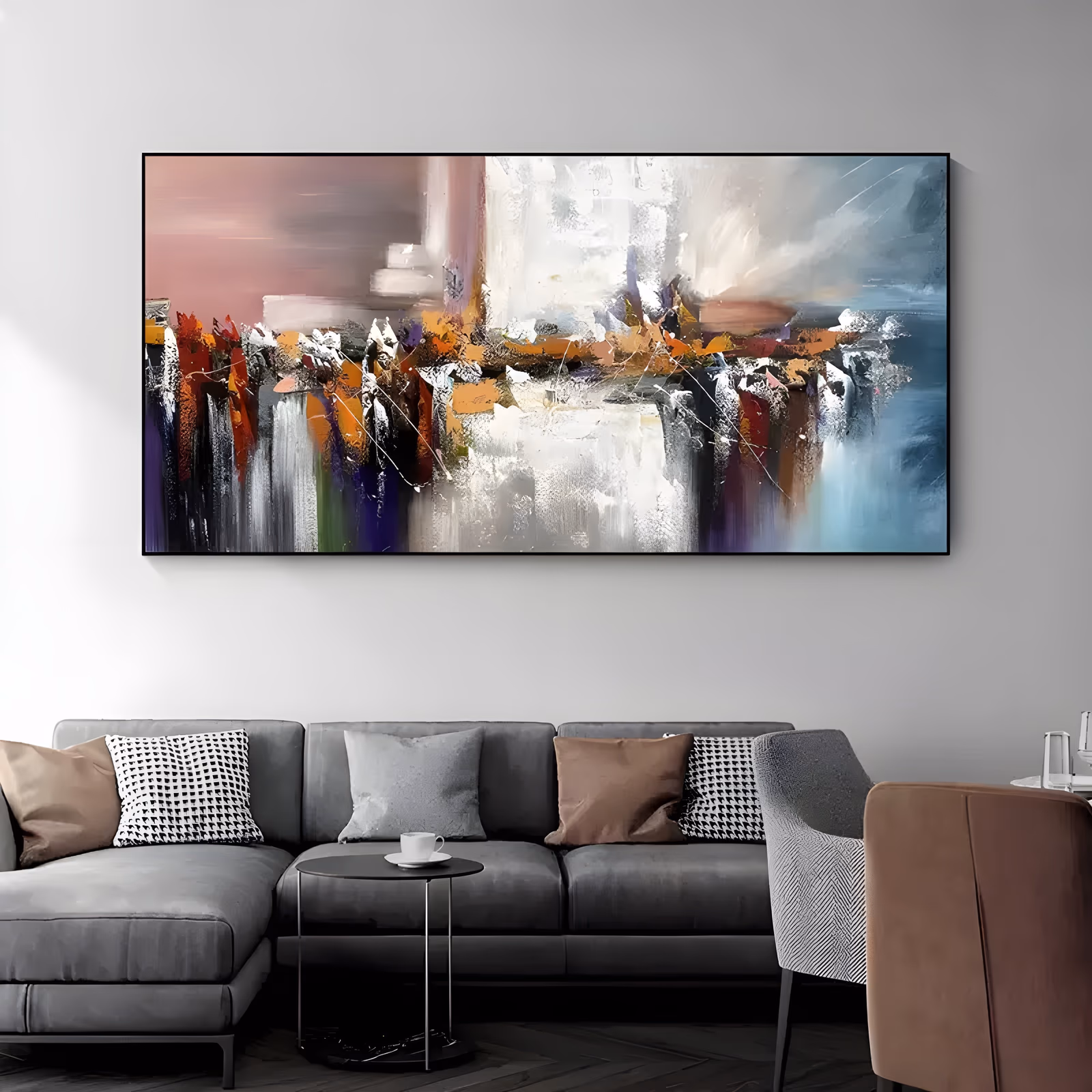 a wide panoramic abstract painting with a torn horizontal band of orange, red and purple strokes running through a white and gray center, pink at the upper left and blue at the right edge, in thick palette-knife oil