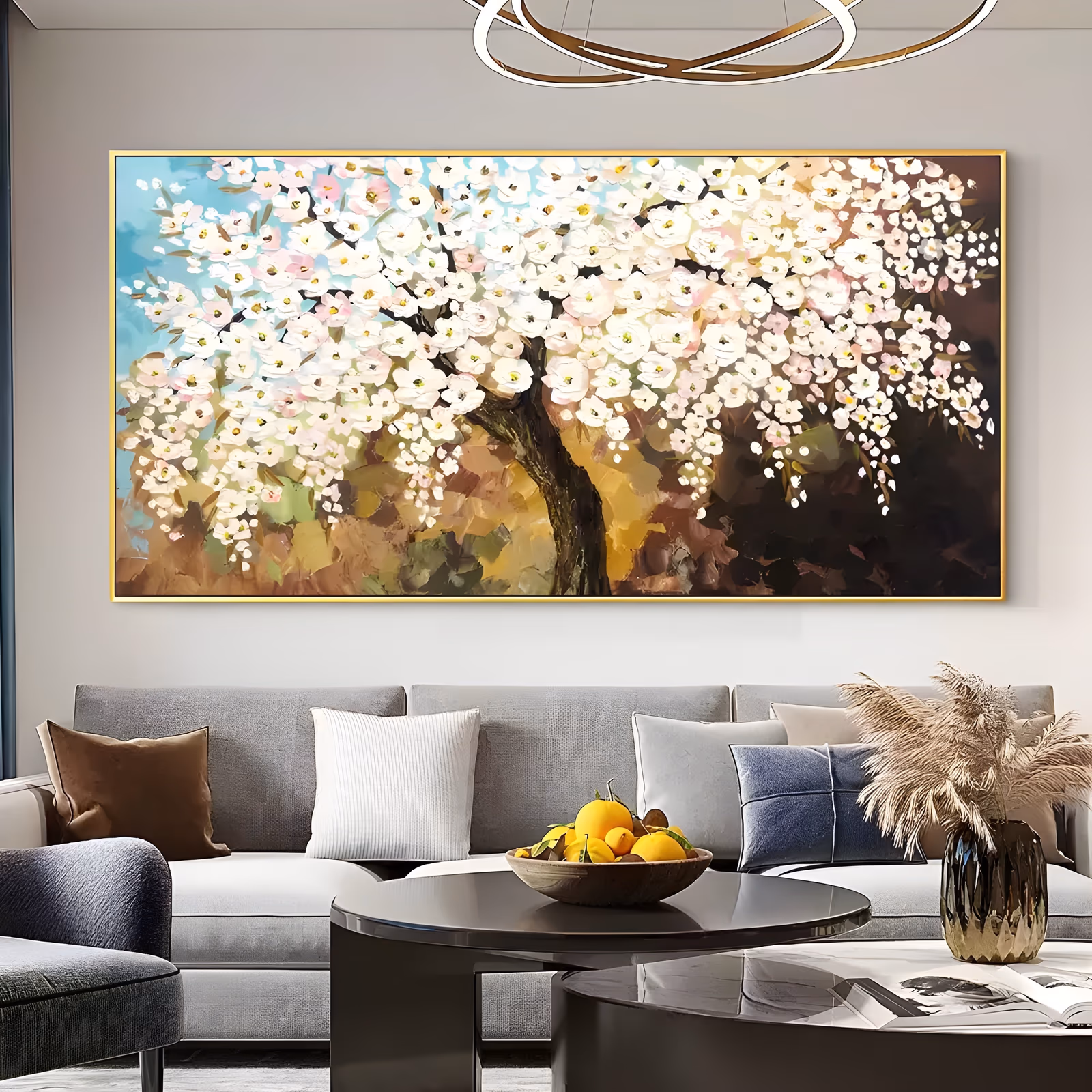 a panoramic textured painting of a spreading blossom tree with a dark trunk, its branches loaded with white impasto flowers with yellow centers, against a teal sky at left and a dark brown and gold ground, in thick oil