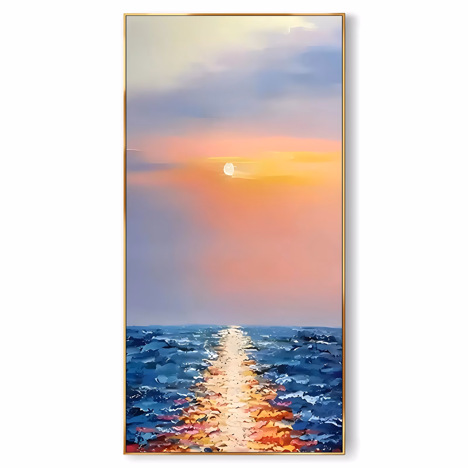 a large vertical impressionist painting of a small white sun in a coral, gold and lavender sky, with a bright path of light running down the center of choppy blue waves, in thick palette-knife acrylic