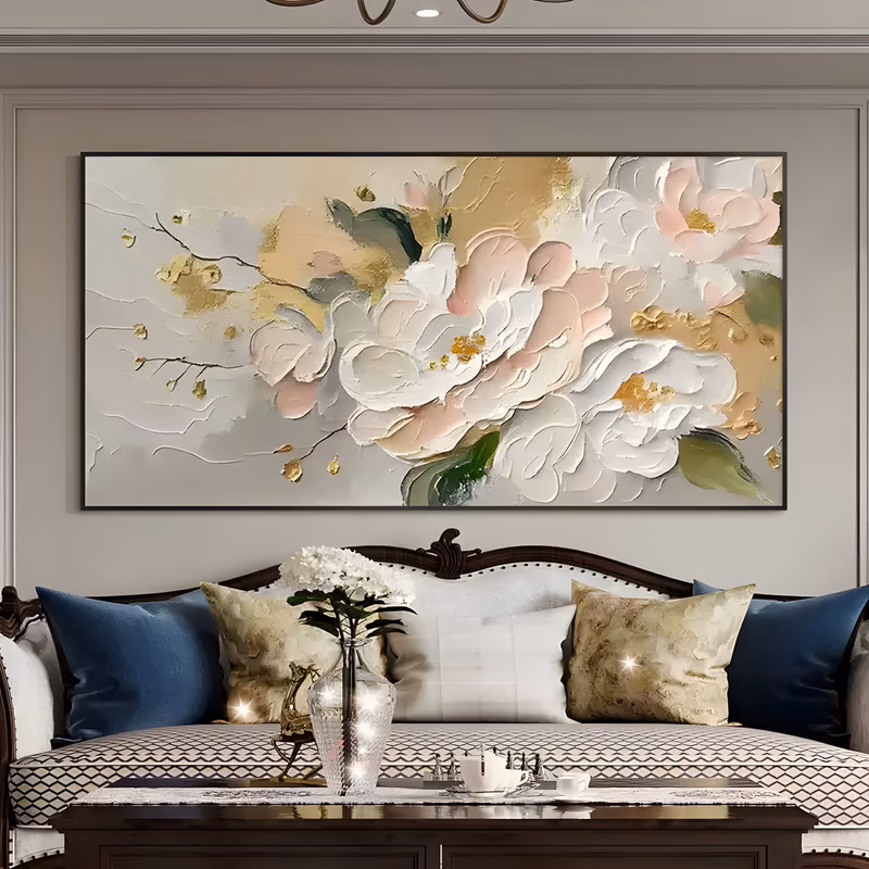 a wide horizontal textured painting of white and pale pink peony blossoms filling the right half of the frame, with thin bare branches and flecks of gold leaf on a warm cream ground, in palette-knife acrylic