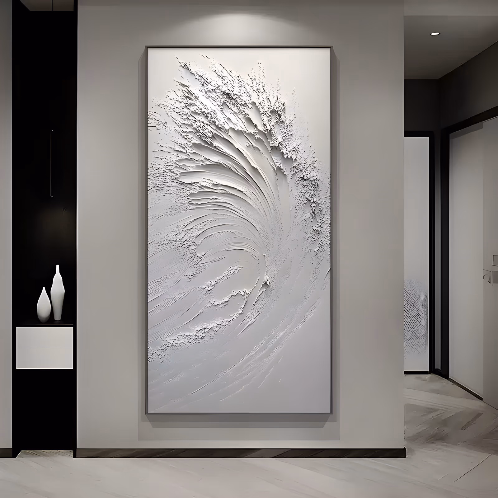 a tall vertical relief painting of one cresting wave built entirely in white plaster, curling from the upper right and breaking into raised spray at the top, with no color beyond its own shadows, in knife-worked relief