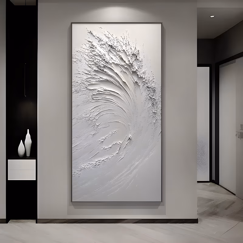 a tall vertical relief painting of one cresting wave built entirely in white plaster, curling from the upper right and breaking into raised spray at the top, with no color beyond its own shadows, in knife-worked relief