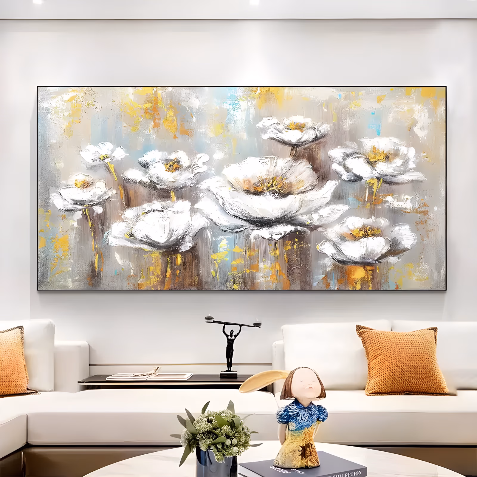 a wide horizontal textured painting of about ten white poppies with gold and ochre centers standing at different heights on a mottled grey, teal and gold ground, in thick palette-knife oil