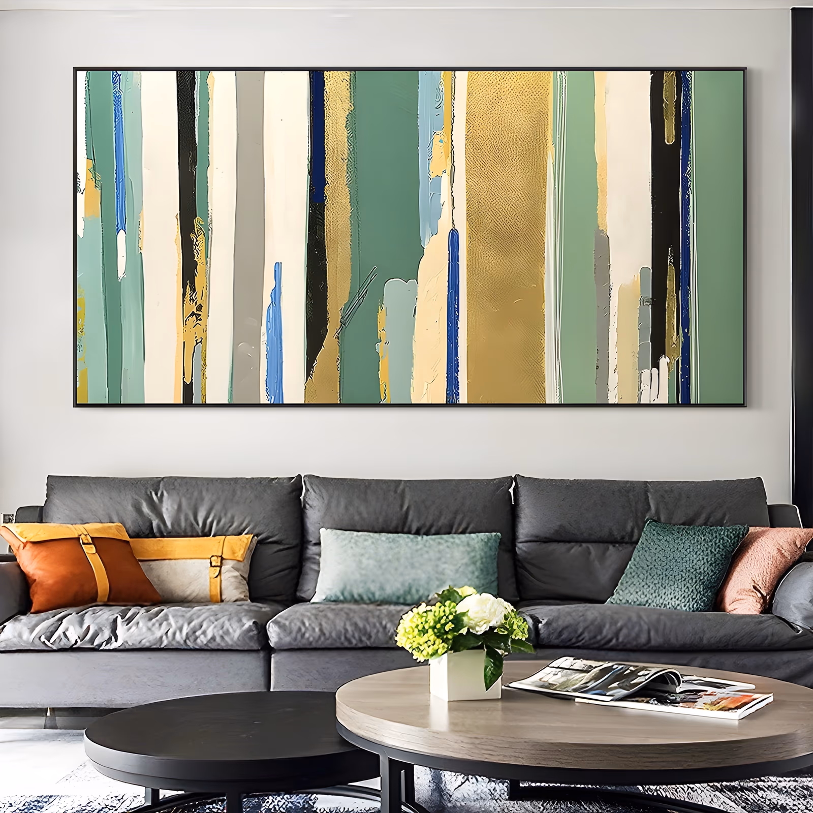 a wide panoramic abstract painting of vertical stripes in sage green, metallic gold, cream, black and cobalt blue, the bands varying in width and running the full height of the canvas, in thick knife-laid paint