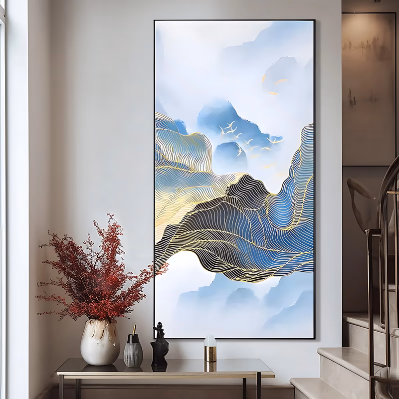 a large vertical minimalist painting of misty blue mountains with a flock of small white birds in the upper center and flowing gold-outlined wave ridges below, in thin hand-painted acrylic