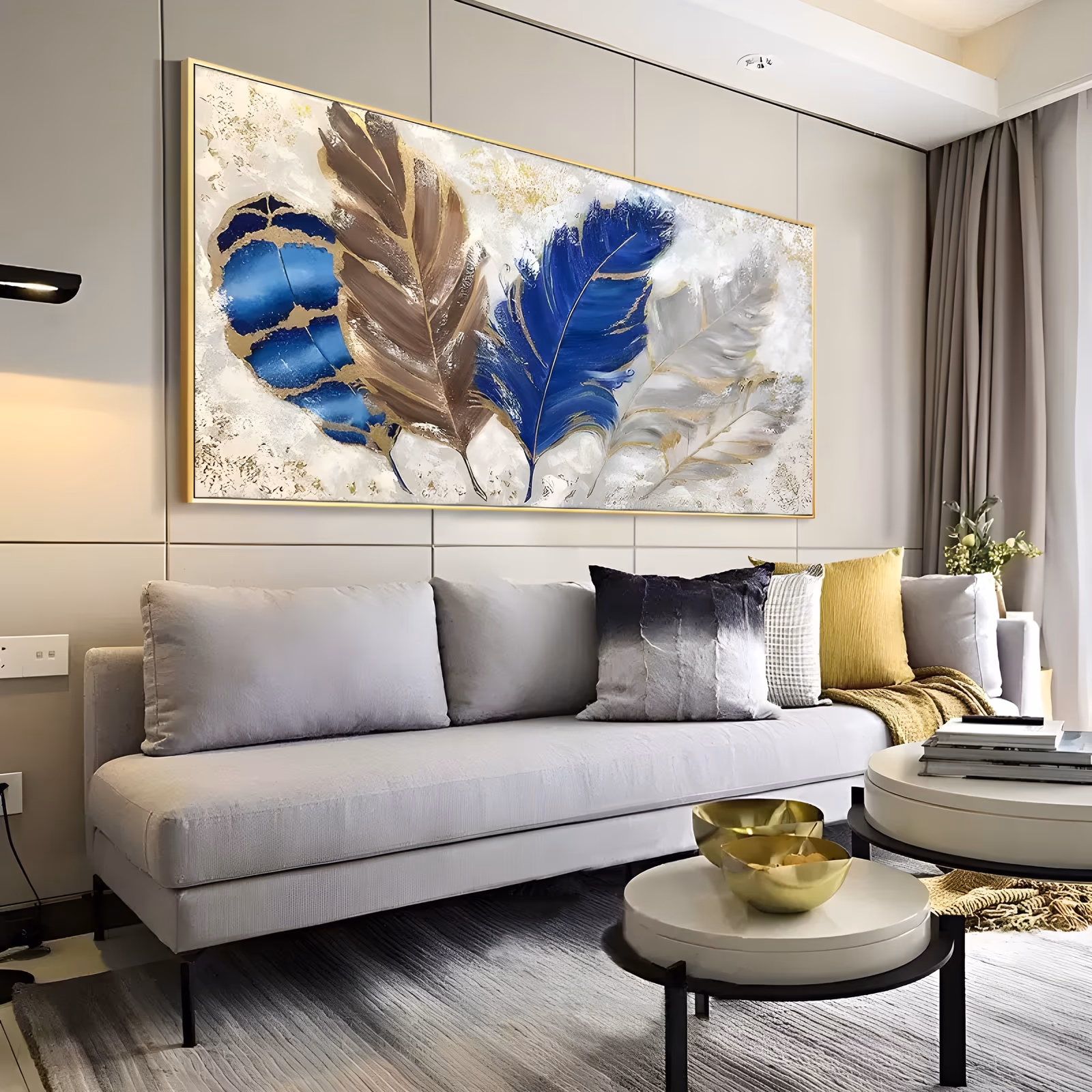 a large panoramic painting of four feathers laid in a row on a mottled cream ground, one blue and patterned, one soft brown, one cobalt with a gold spine and one pale silver-white, in flat paint with gold leaf