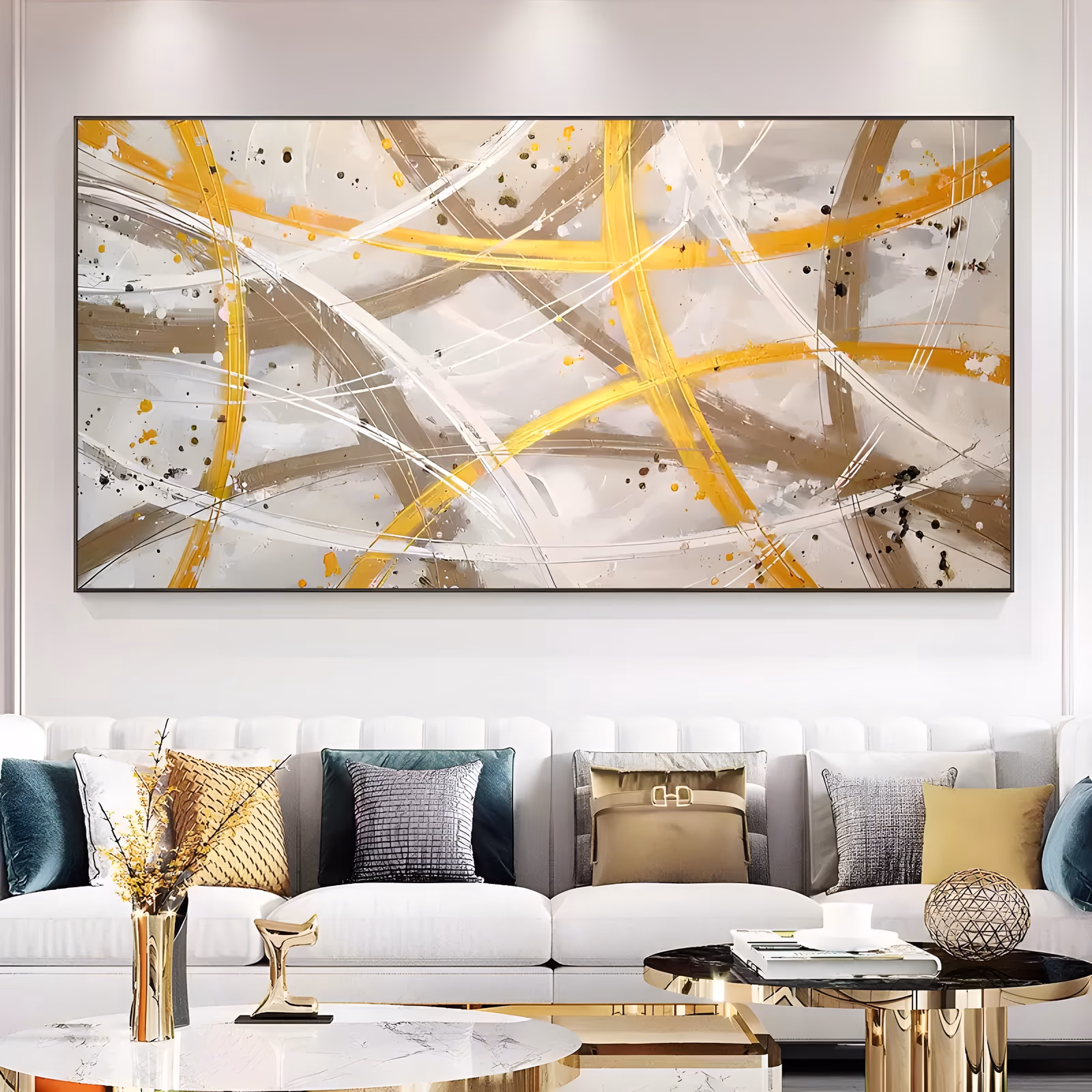 a wide horizontal abstract painting of sweeping gold, taupe and white arcs crossing over a cream ground, flecked with black and gold splatter, in thick brush and palette-knife acrylic