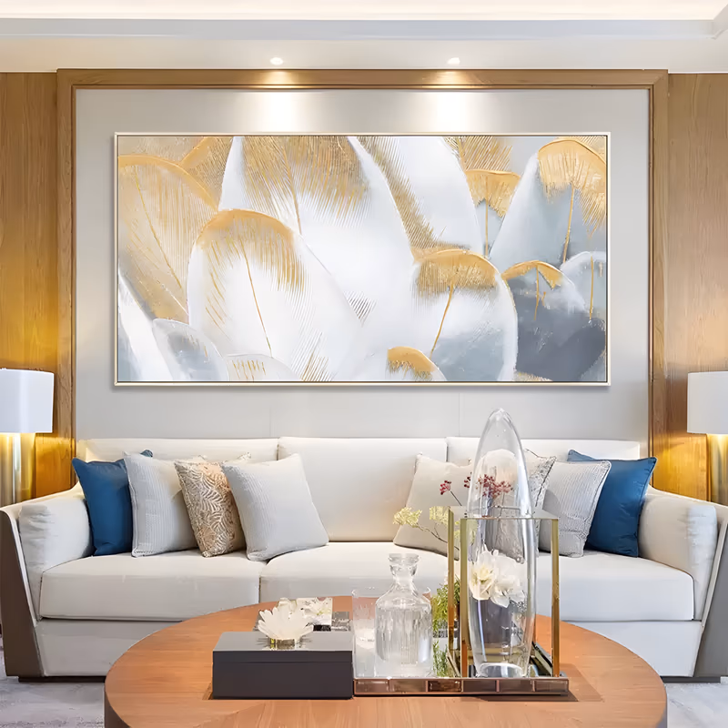 a wide horizontal abstract painting of overlapping white and cream petals fanning up from the lower edge, their tips combed in metallic gold with gray shadows between them, in heavy impasto