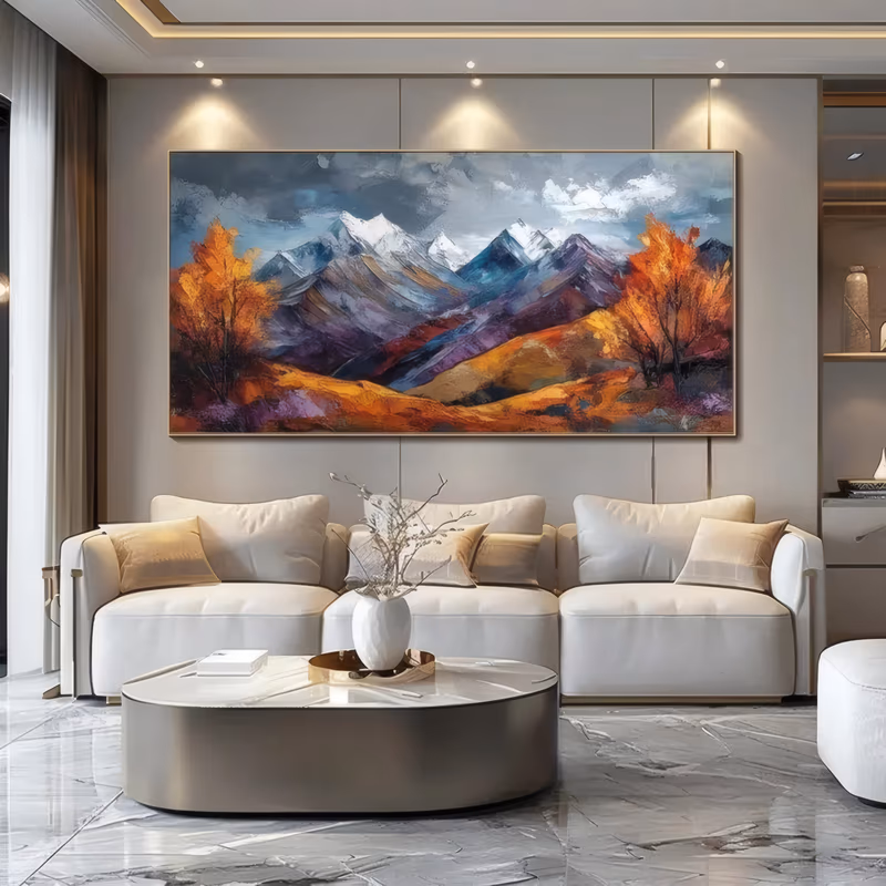 an oversized panoramic impressionist painting of a snow-capped mountain range under a stormy gray sky, purple and ochre slopes below, and two blazing orange autumn trees at left and right, in knife impasto