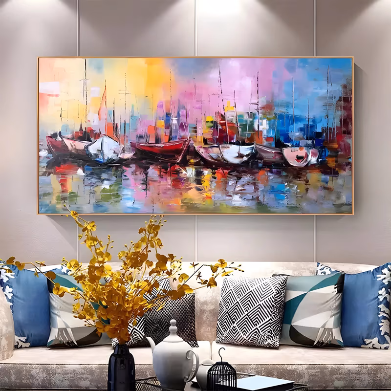 a wide panoramic palette-knife painting of moored fishing boats with thin black masts filling the middle band, under a pink, yellow and blue sky, their hulls mirrored in broken color on the water below