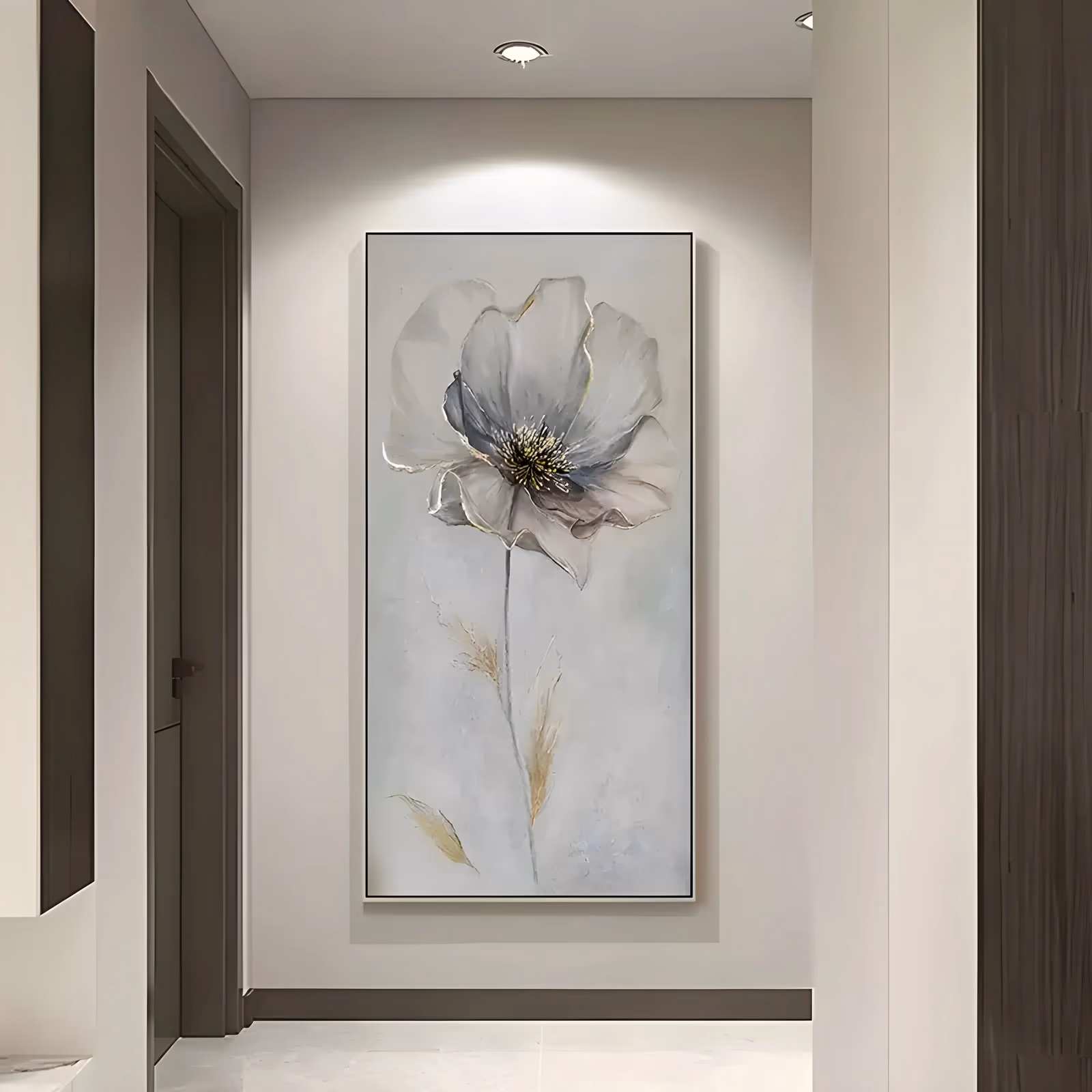 a tall vertical minimalist painting of one open white and gray poppy on a slender stem, centered high in the frame, with gold-tipped grass blades below on a pale gray ground, in thin brushed oil