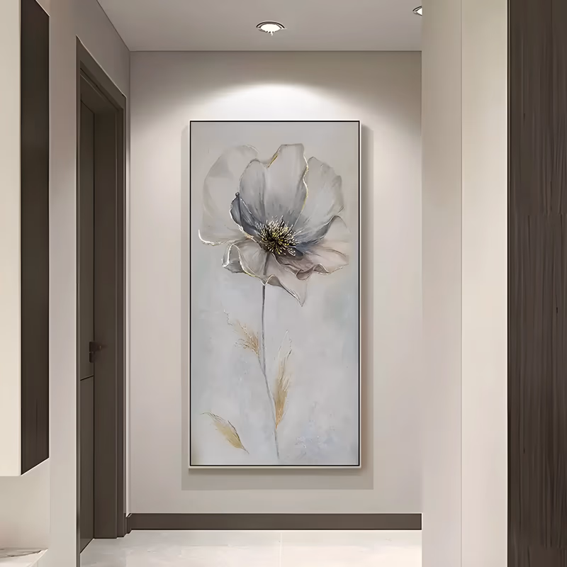 a tall vertical minimalist painting of one open white and gray poppy on a slender stem, centered high in the frame, with gold-tipped grass blades below on a pale gray ground, in thin brushed oil