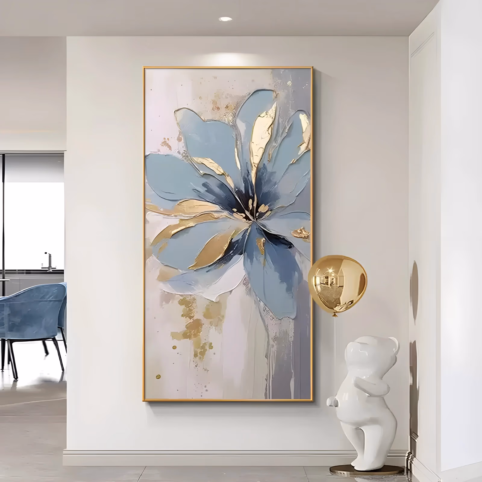 a tall vertical floral painting of one large pale blue flower with wide knife-cut petals and gold leaf running along their centers, opening over a cream and gray ground with thin paint drips