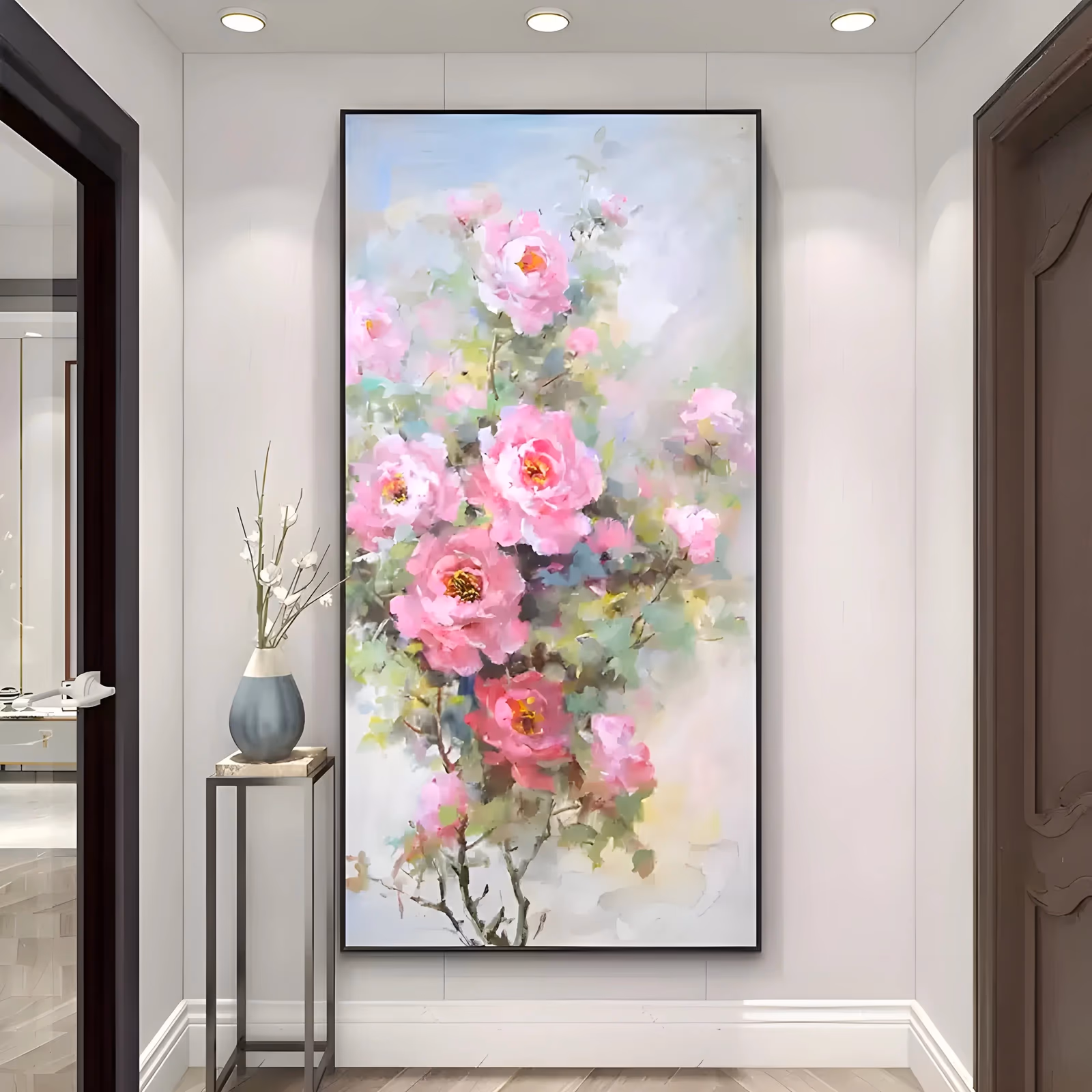 a tall narrow vertical impressionist painting of a rose bush in bloom, bright pink flowers clustered down the middle on thin branches with green leaves, on a pale blue and white ground, in loose hand-painted oil