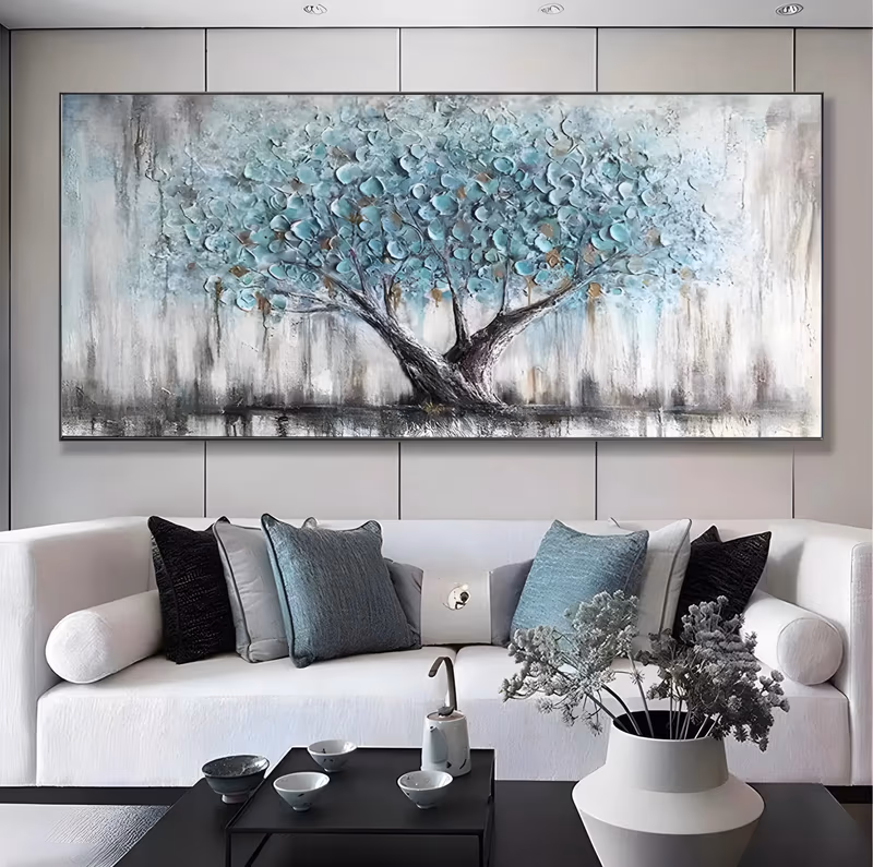a wide panoramic impasto painting of a single spreading tree at center, its canopy massed from thick teal and aqua paint dabs, the dark trunk splitting low over a streaked gray and white ground