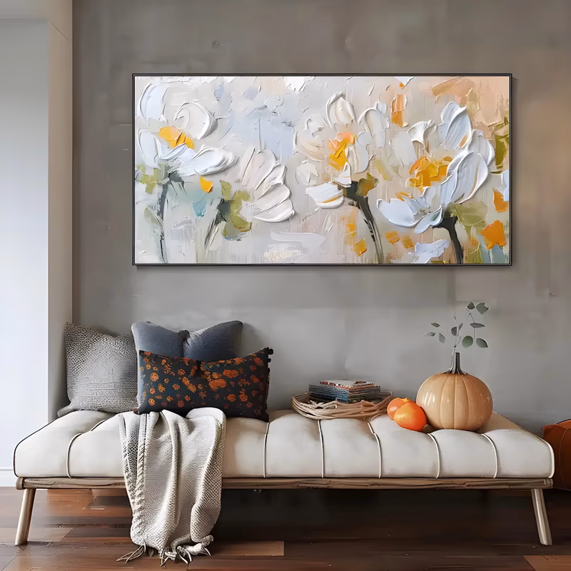 an oversized horizontal impasto painting of white flowers with orange and yellow centers ranged along the frame on a cream and pale gray ground, olive leaves between them, in thick palette-knife acrylic