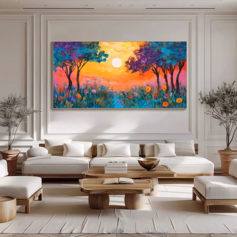 a wide horizontal impressionist landscape painting of a white sun low in an orange and pink sunset sky, framed by violet and teal trees above a meadow of green, blue and red flower dabs, in thick knife-laid oil