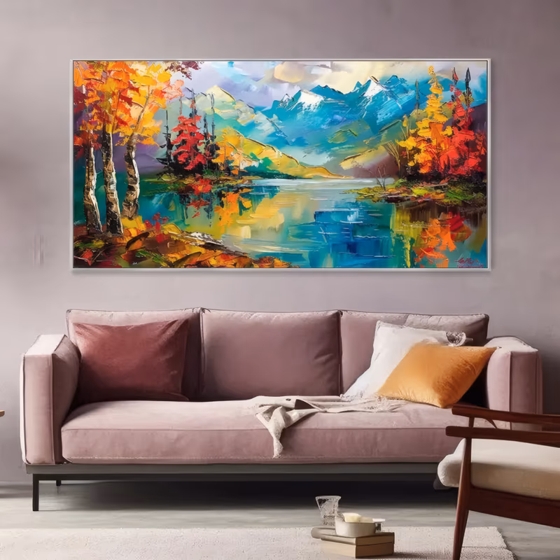 an oversized panoramic impressionist painting of white birch trunks at left in orange and red foliage, a turquoise lake in the middle and snow-capped blue mountains behind, in bright knife impasto