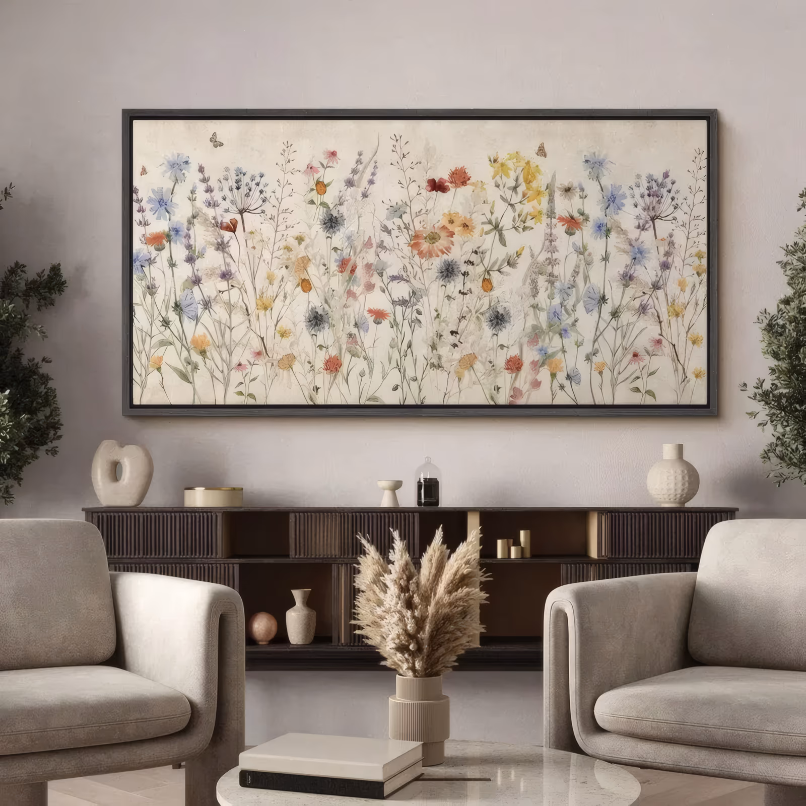 a wide panoramic botanical painting of a band of slender wildflowers rising from the lower edge, with blue cornflowers, yellow and red daisies and small butterflies on a cream beige ground in thin acrylic