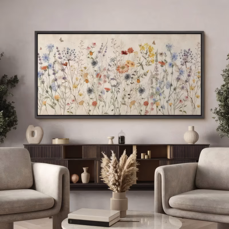 a wide panoramic botanical painting of a band of slender wildflowers rising from the lower edge, with blue cornflowers, yellow and red daisies and small butterflies on a cream beige ground in thin acrylic