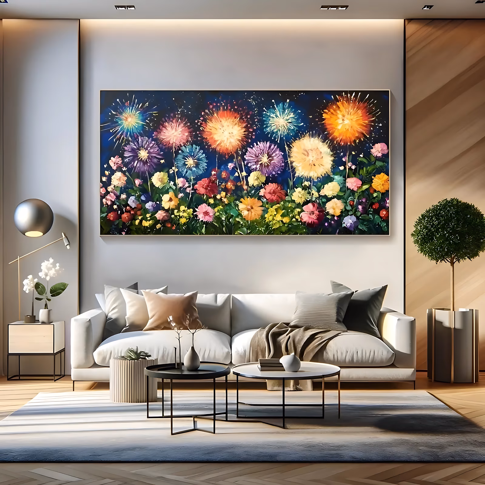 a wide horizontal impressionist painting of round dandelion-like blooms bursting in orange, purple, teal and cream above a dense bed of pink and yellow garden flowers, all on a deep navy night sky, in textured oil