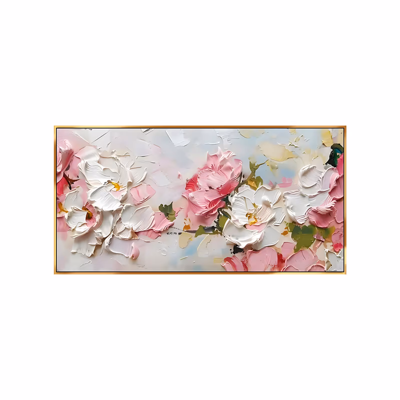 a panoramic impasto painting of white and pink peony blooms with small green leaves spread along a pale cream and blue ground, the petals laid in broad palette-knife slabs of thick paint
