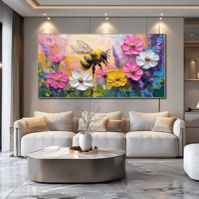 a wide panoramic floral painting of a fuzzy yellow and black bumblebee hovering left of center above magenta, white and yellow cosmos blooms, over purple and green foliage in heavy impasto