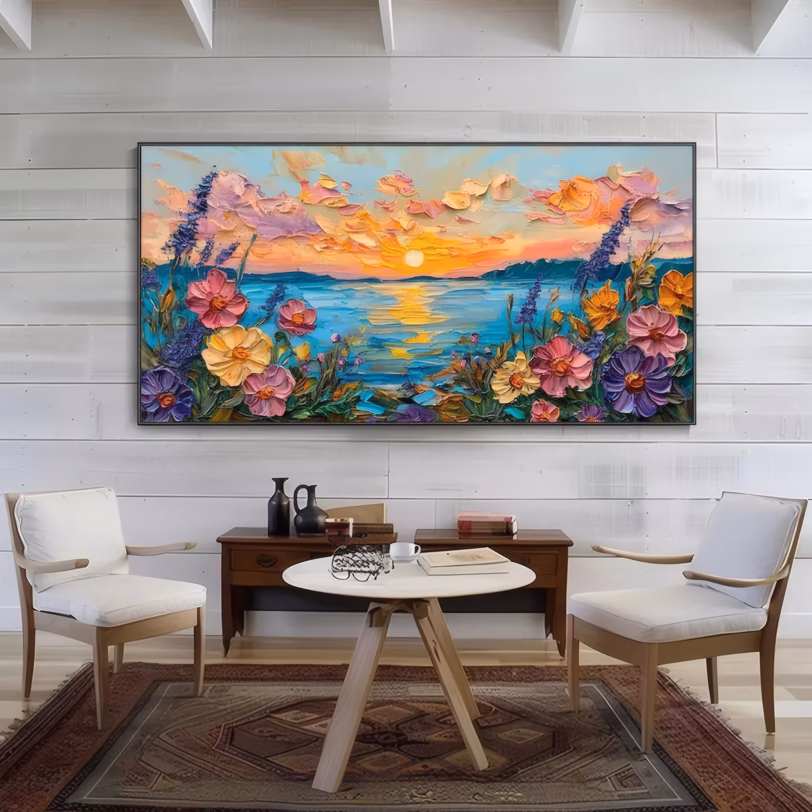 a wide panoramic impressionist painting of a gold sun setting on turquoise water, ringed by tall sculpted flowers in pink, purple, yellow and orange with blue lavender spikes at the sides, in relief impasto
