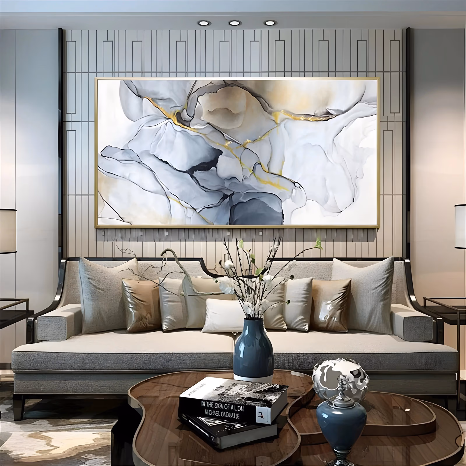 a large panoramic abstract painting of fluid gray, white and pale taupe marble ink swirls with fine gold veining running through the center, on a bright white ground, in smooth flowing acrylic
