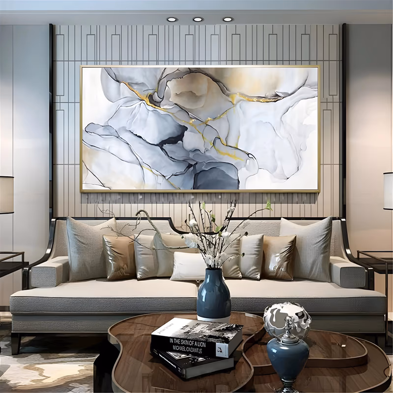a large panoramic abstract painting of fluid gray, white and pale taupe marble ink swirls with fine gold veining running through the center, on a bright white ground, in smooth flowing acrylic