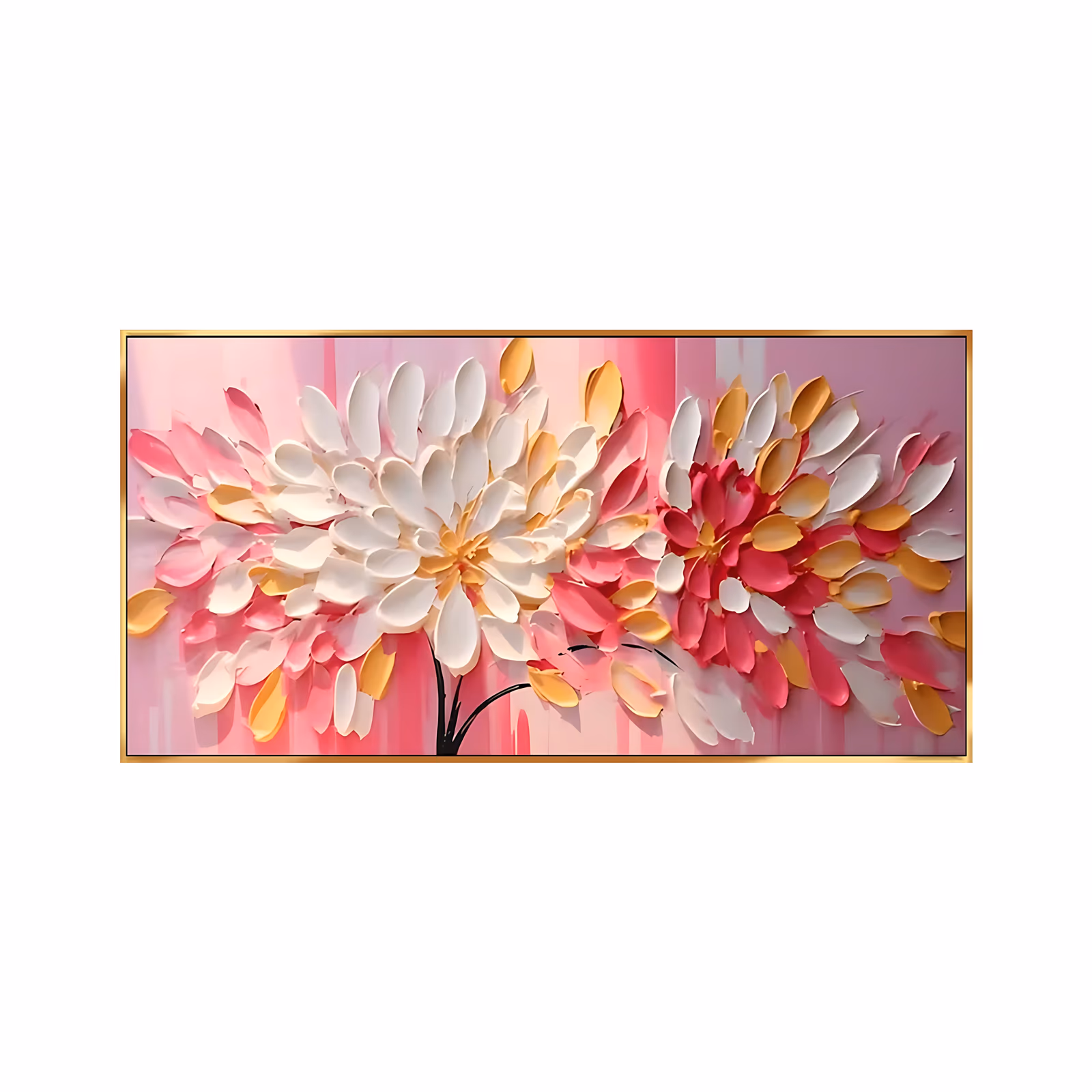 a panoramic relief painting of two large white, pink and gold dahlia blooms opening from a thin black stem at the center, on a striped pink ground, the petals sculpted in thick raised paint