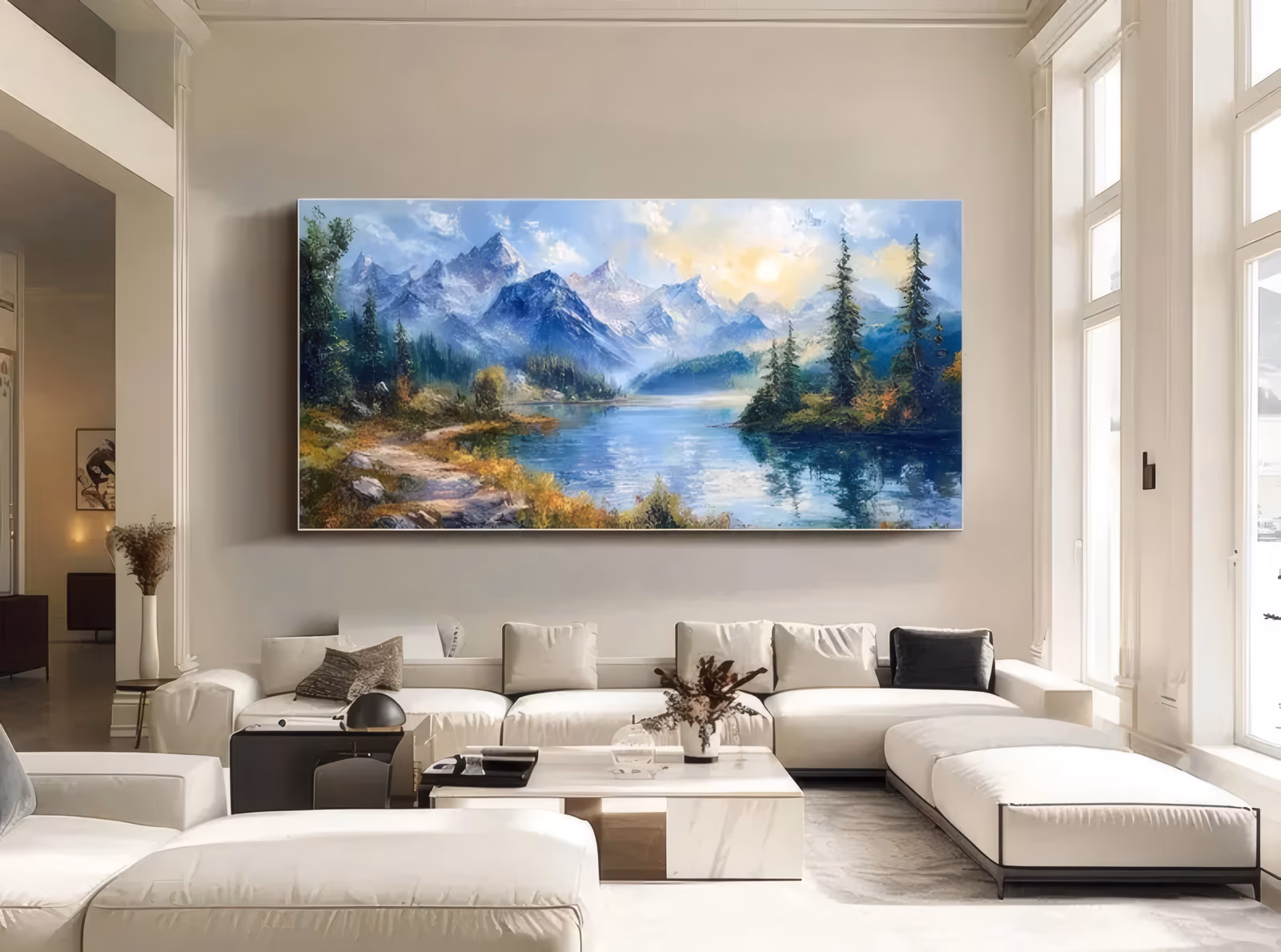 a wide panoramic impressionist painting of a still blue lake mirroring snow-capped peaks, with dark green pines on both banks and an ochre rocky shore in the left foreground, in layered oil