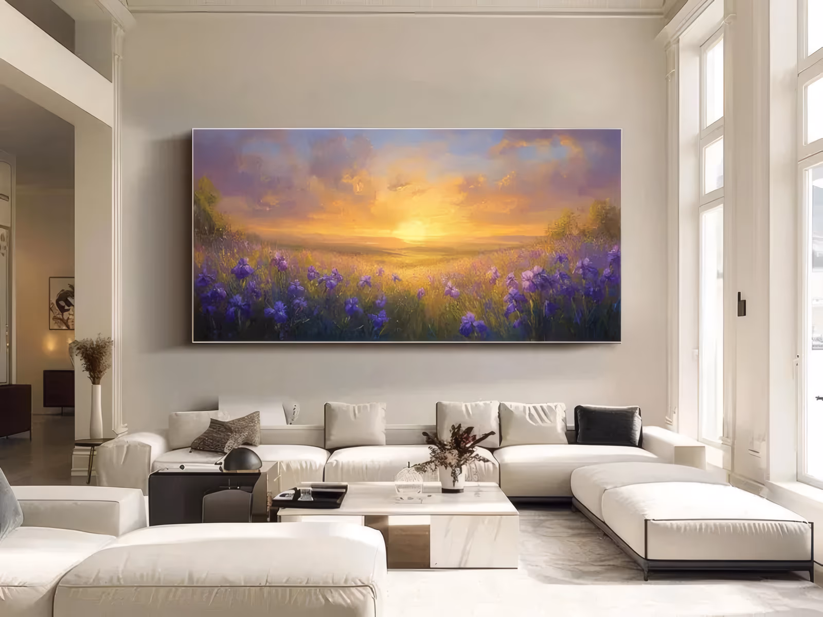 a wide panoramic impressionist painting of a purple iris meadow filling the lower half, with a low golden sun and lilac clouds above and green trees on both sides, in smooth blended oil with soft edges