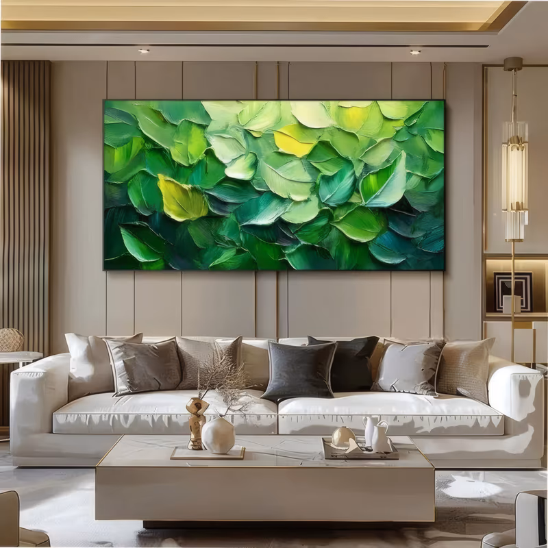 an oversized horizontal textured painting of thickly knifed leaves layered over one another, dark forest green at the edges lifting to lime and pale yellow highlights at the center, in heavy oil impasto