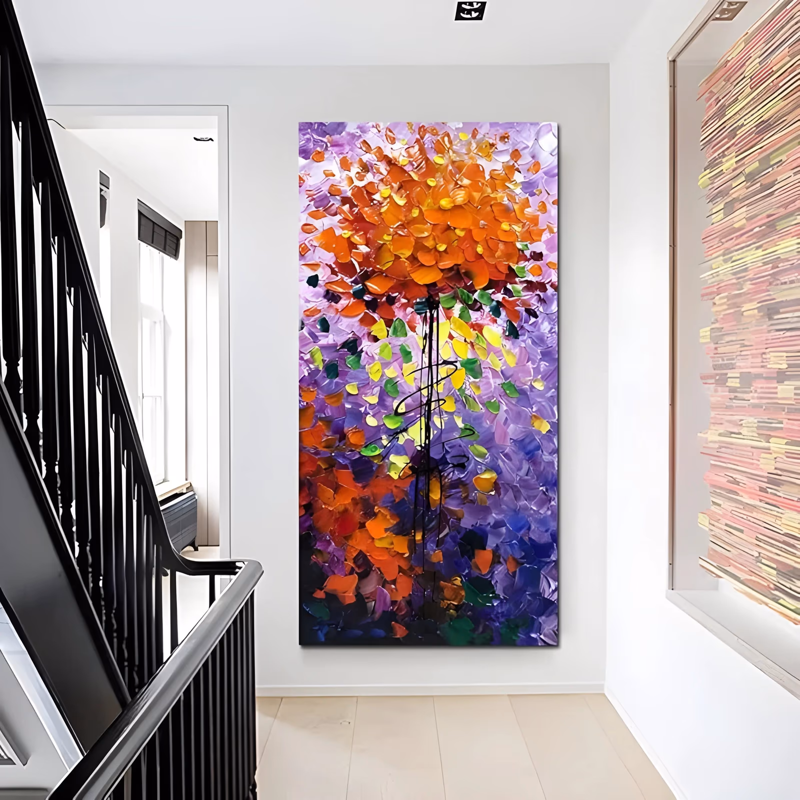 a tall narrow vertical textured painting of a blossom tree with a dark trunk at the center, its crown built from orange, yellow and green knife dabs over a lilac and violet ground, in thick sculpted impasto