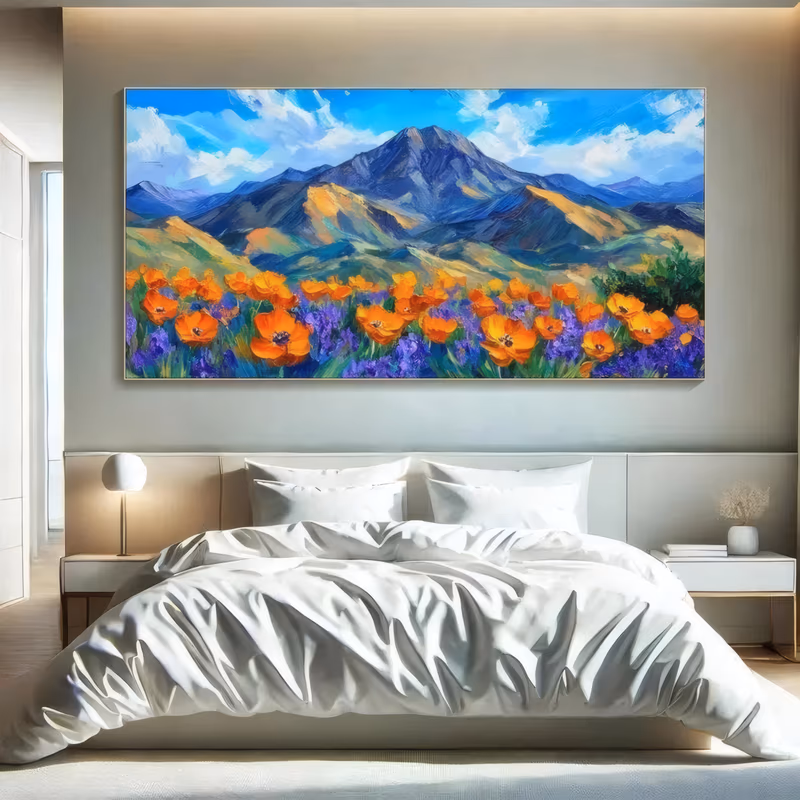a wide panoramic impressionist painting of large orange poppies and purple lupine spikes along the lower edge, with green and blue ridges rising behind them under a bright cloudy sky, in thick knife-laid acrylic