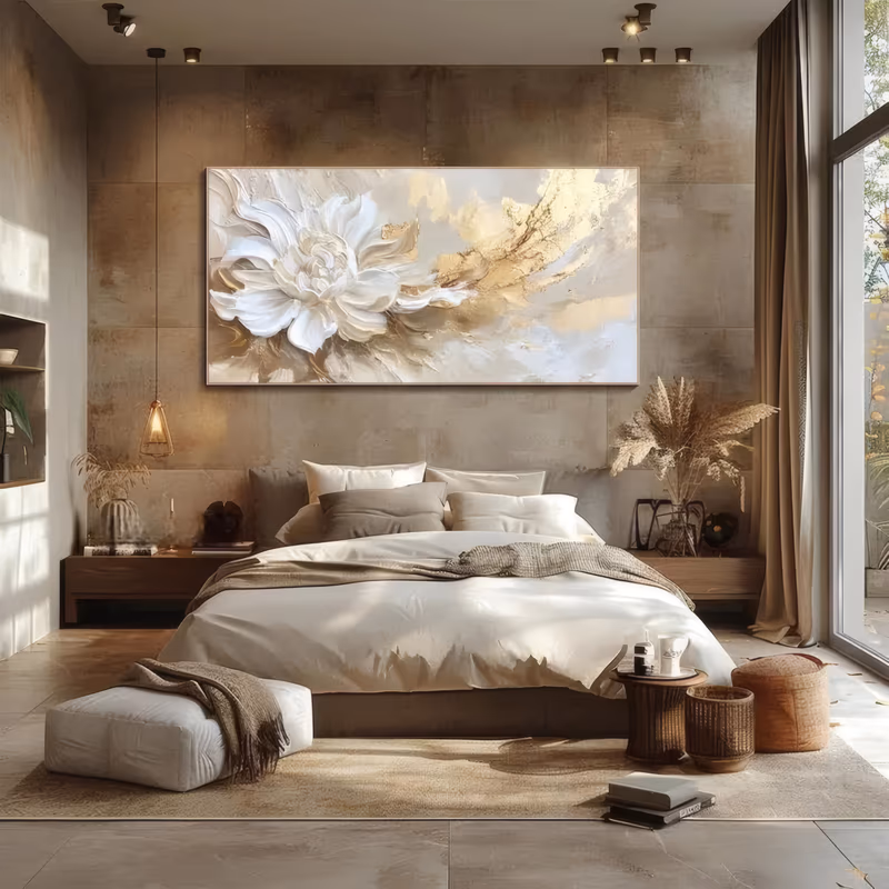 a wide panoramic relief painting of a sculpted white peony bloom set left of center with a long sweep of gold and cream brushwork running to the right edge, raised in thick plaster with gold leaf