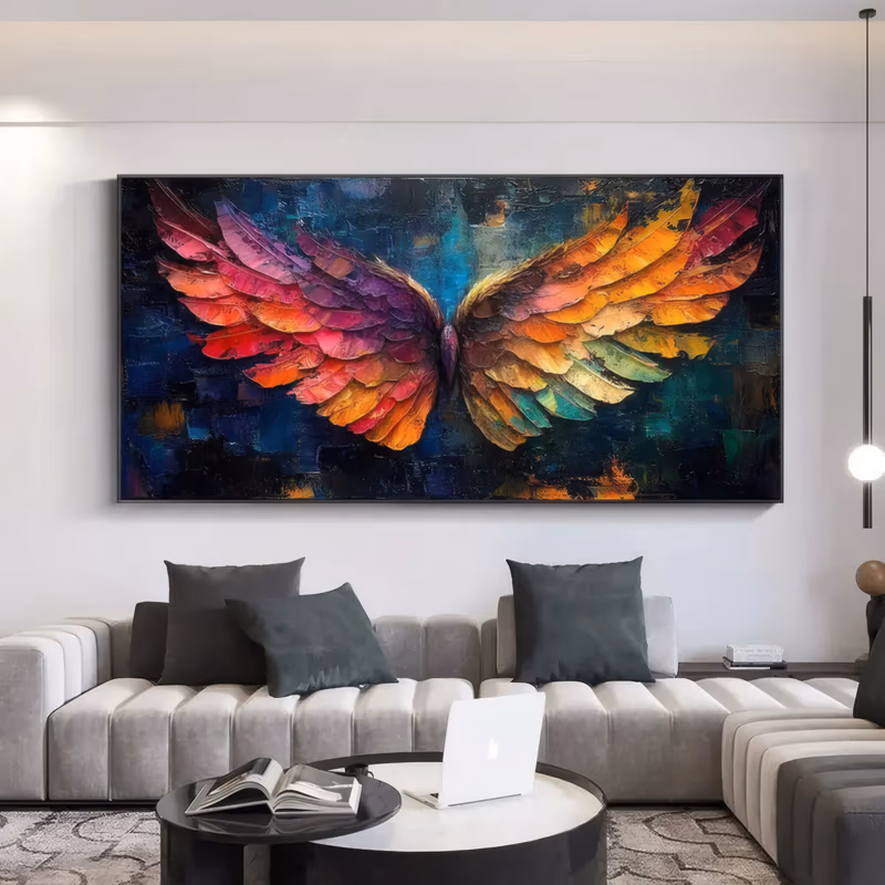 a wide panoramic palette-knife painting of two outspread feathered wings meeting at the center, the left wing in magenta and coral and the right in orange, gold and teal, against a dark navy textured ground