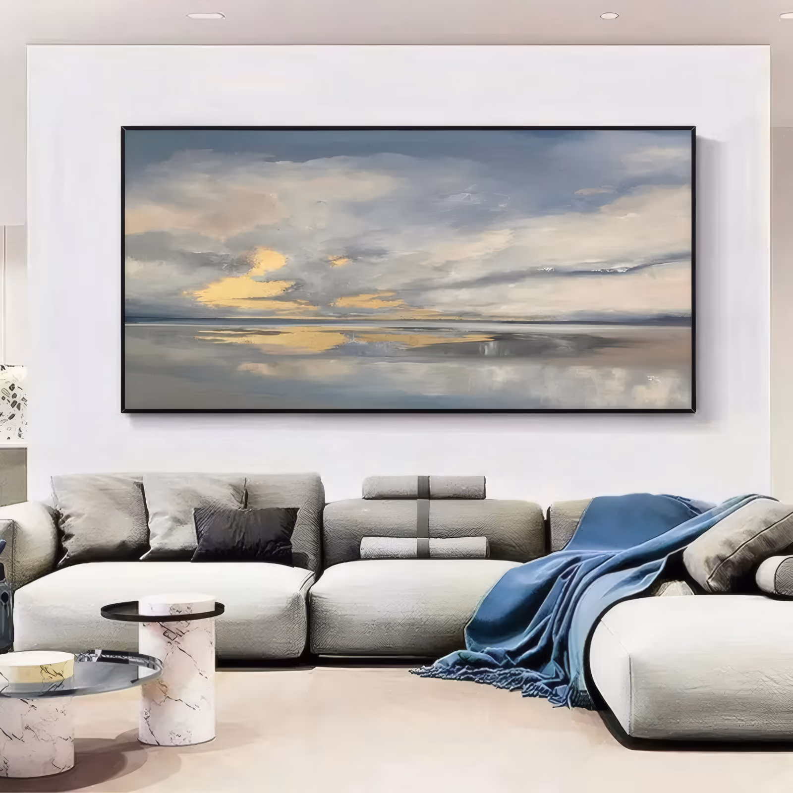 a wide panoramic impressionist canvas of a heavy gray cloud bank split by gold light at the horizon, mirrored in flat still water beneath, worked in thick paint and knife-laid ridges