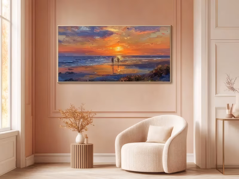 a wide panoramic impressionist painting of two small figures walking a wet beach under a blazing orange and purple sunset, the low sun mirrored on the shallow water, in thick palette-knife oil