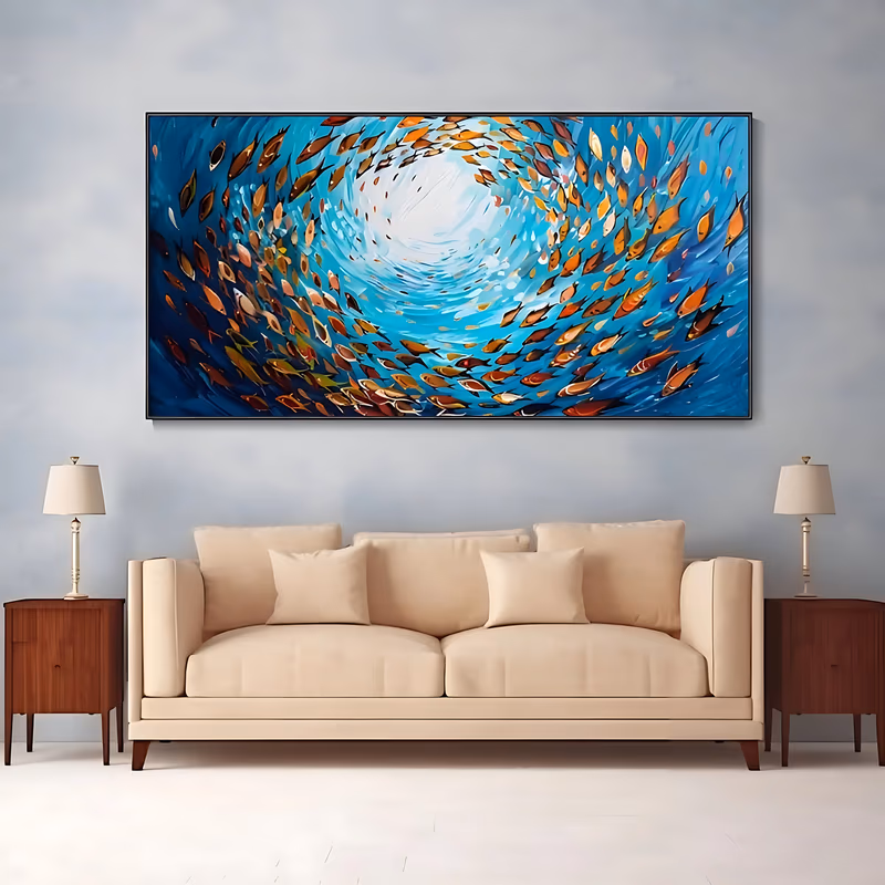 a large panoramic seascape painting of a shoal of small orange and copper fish circling a bright white and turquoise center, deep blue water with radiating brush marks around them, in thick impasto