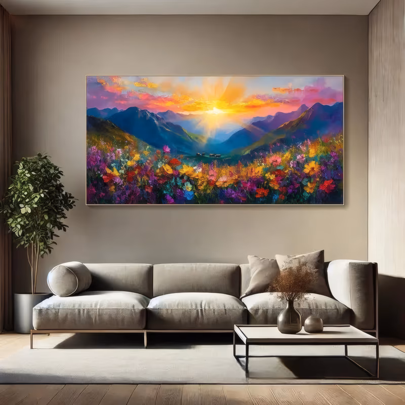 a panoramic impressionist landscape painting of a yellow sunburst over blue and purple mountains, a green valley below, and a foreground meadow of pink, red, yellow, and purple wildflowers, in heavy impasto