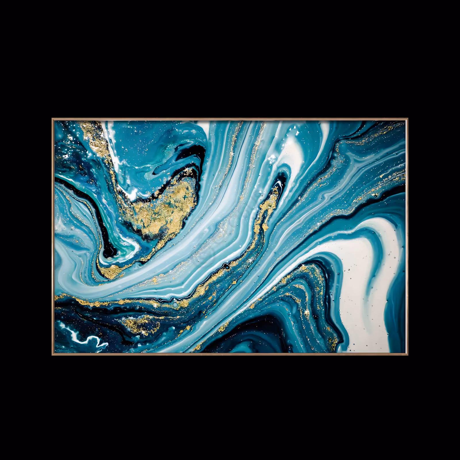 a wide horizontal abstract painting of swirling marbled currents in turquoise, teal, navy and white, laced with glittering gold veins curling through the center, in glossy poured acrylic