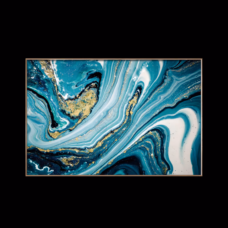 a wide horizontal abstract painting of swirling marbled currents in turquoise, teal, navy and white, laced with glittering gold veins curling through the center, in glossy poured acrylic