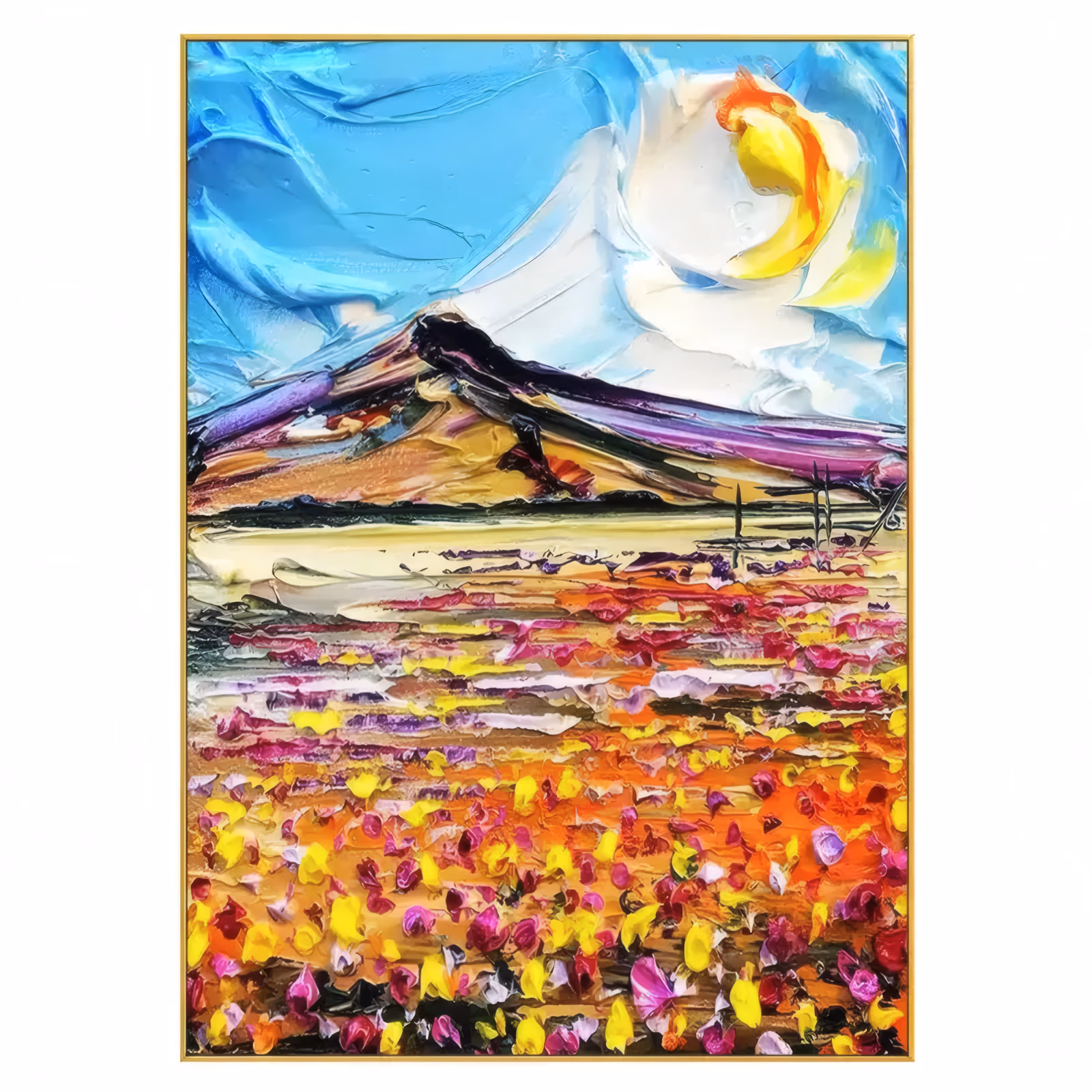 a large vertical landscape painting of a purple and ochre mountain under a blue sky, a white cloud and a yellow sun at upper right, above a field of pink, magenta and yellow flower dabs, in very heavy impasto