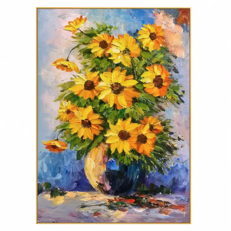 a large vertical palette-knife painting of a full bouquet of yellow sunflowers with thick green leaves in a pale gold and blue vase on a table, against a blue and pink ground, in ridged impasto oil