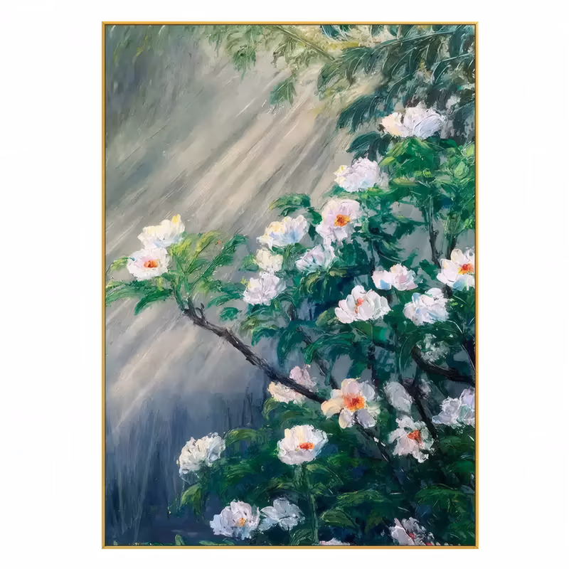 a large vertical impressionist painting of white peony blossoms on arching branches at the right, deep green leaves around them and pale rays of light falling through a misty gray ground, in thick oil