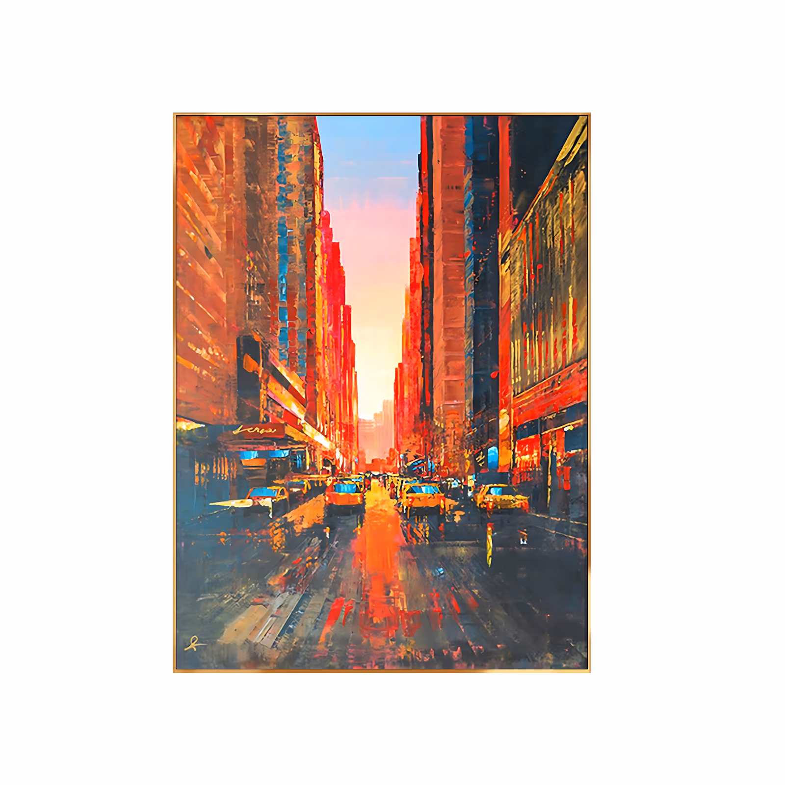 a large vertical impressionist painting of a manhattan street canyon at sunset, yellow taxis lined up on a wet road that mirrors red and pink light, tall buildings closing both sides, in thick palette-knife oil