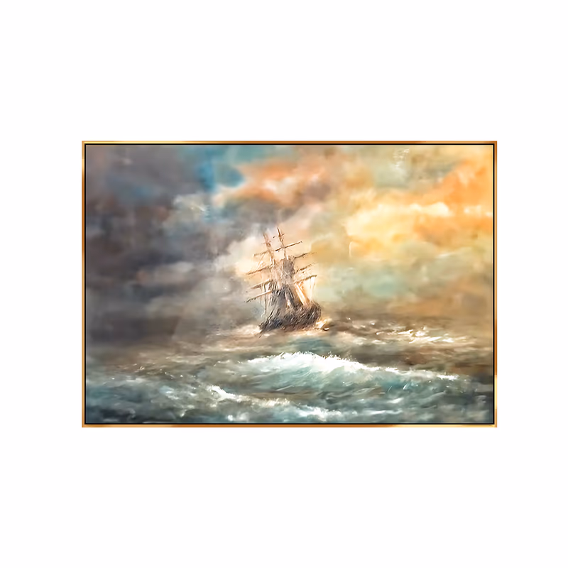 a large horizontal impressionist painting of a three-masted sailing ship riding heavy teal green swells, wrapped in gray storm cloud on the left and hazy gold light on the right, in soft blended oil